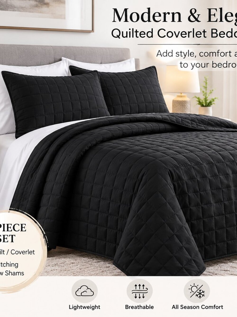 Brickyard Black Queen Microfiber Quilt and Sham Set